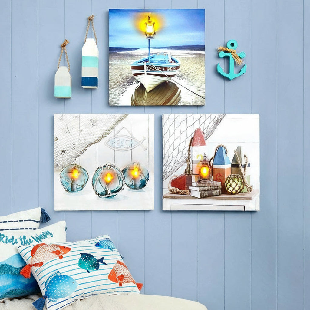 Coastal Lighted Canvas Wall Art - Buoys Candle or Coastal