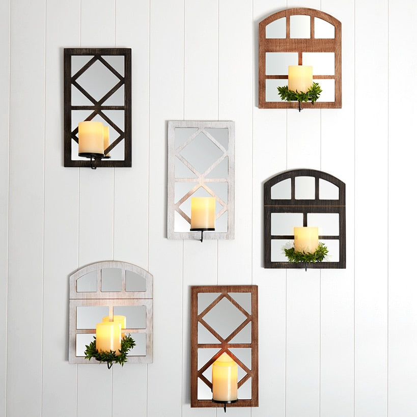 Windowpane Mirror Wall Sconce With Candle - Black Natural or White