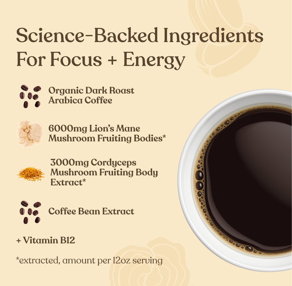 Focus Max High Caf Ground Coffee - Dark - High Caf Dark Roast Organic Mushroom Coffee