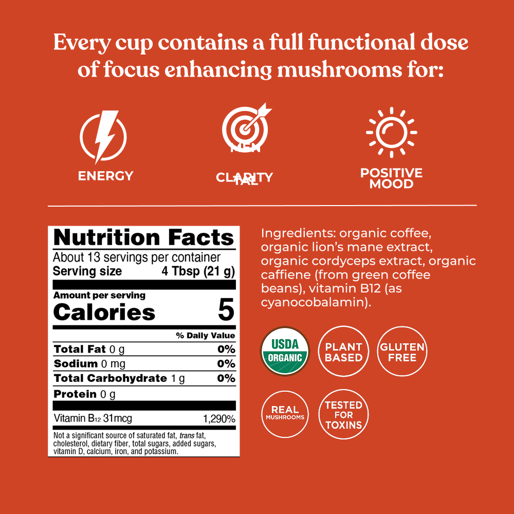 Focus Max High Caf Ground Coffee - Dark - High Caf Dark Roast Organic Mushroom Coffee