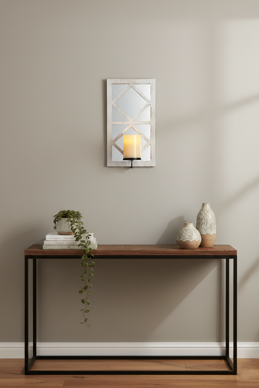 Windowpane Mirror Wall Sconce With Candle - Black Natural or White
