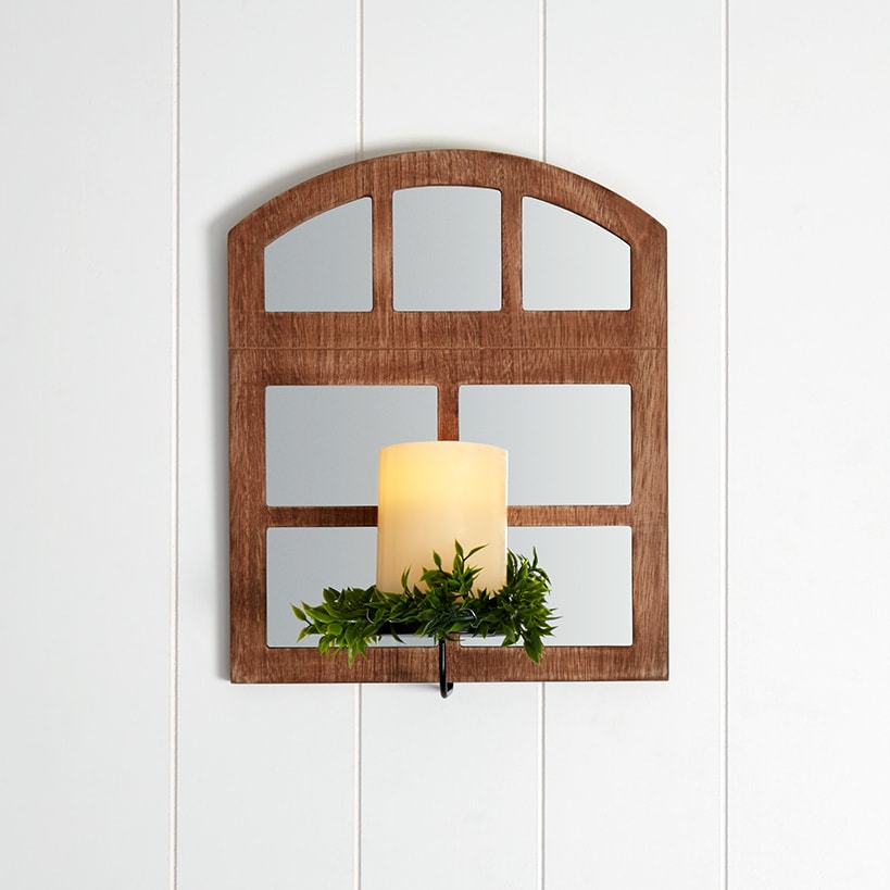 Windowpane Mirror Wall Sconce With Candle - Black Natural or White