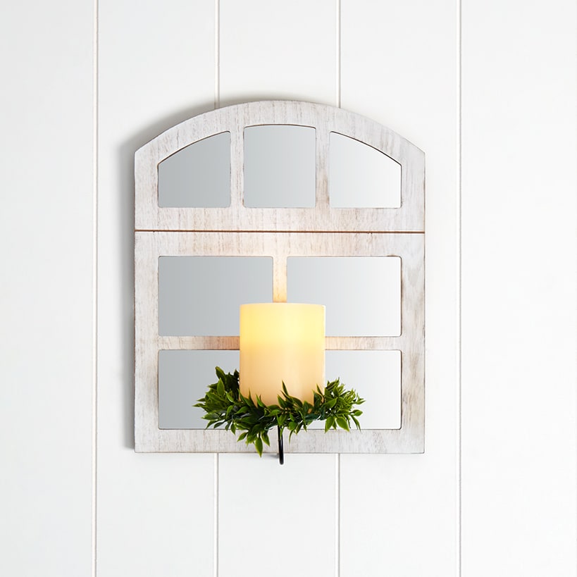 Windowpane Mirror Wall Sconce With Candle - Black Natural or White