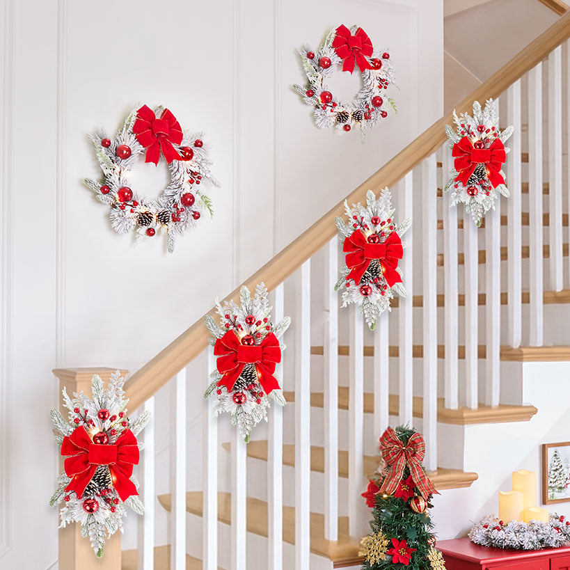 Christmas Frosted Pine With Red Bows Decor