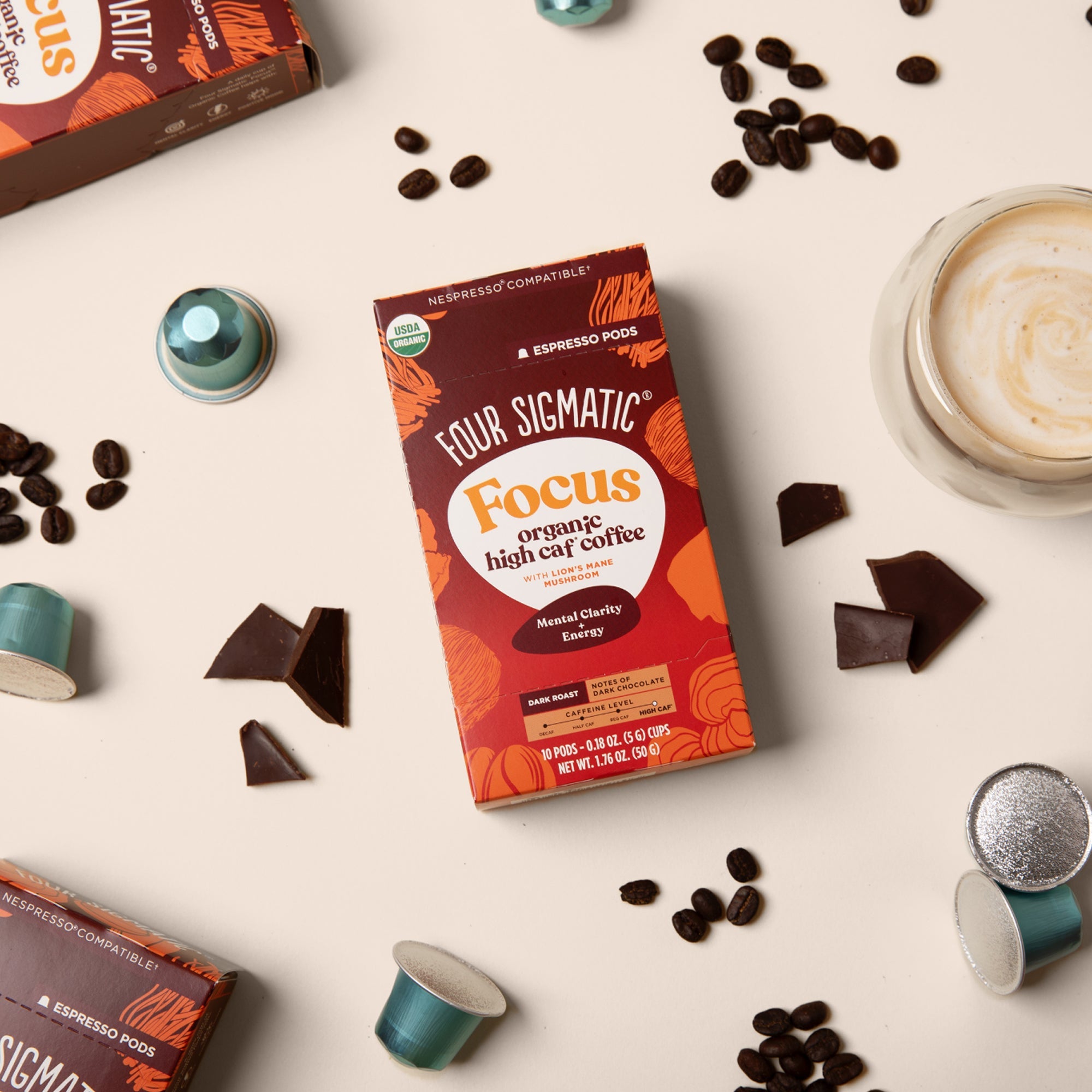 Focus Dark Roast High Caf Espresso Pods (10ct) - High Caf Dark Roast Mushroom Espresso Pods