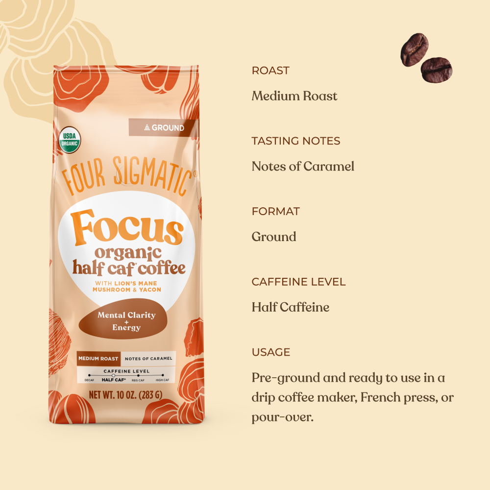 Focus Half Caf Ground Coffee - Medium - Half Caf Medium Roast Organic Mushroom Coffee