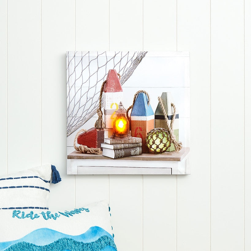 Coastal Lighted Canvas Wall Art - Buoys Candle or Coastal
