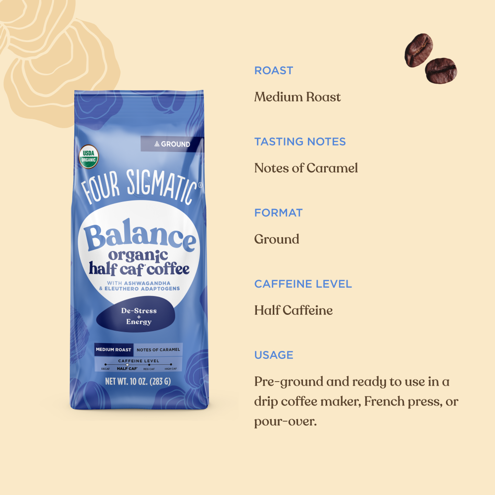 Balance Half Caf Ground Coffee - Medium - Half Caf Medium Roast Organic Mushroom Coffee
