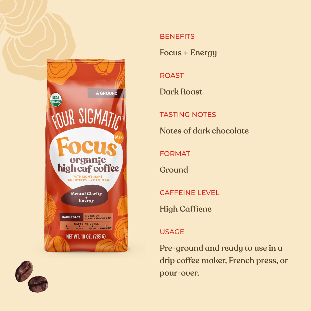 Focus Max High Caf Ground Coffee - Dark - High Caf Dark Roast Organic Mushroom Coffee