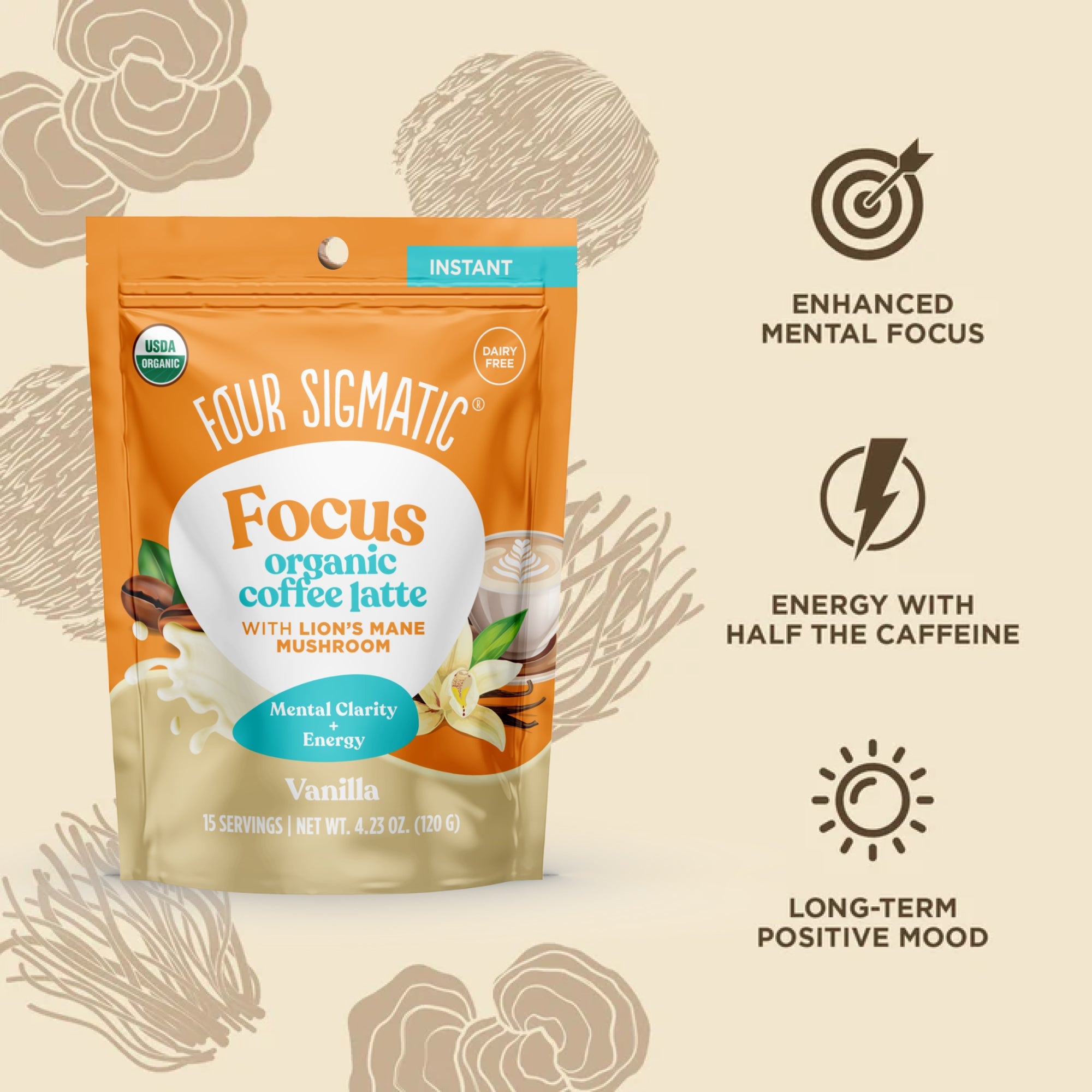 Focus Organic Coffee Latte - Vanilla - Vanilla Coffee Latte Mushroom Drink Mix